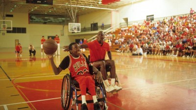 Michael Jordan playing wheelchair basketball in 1987