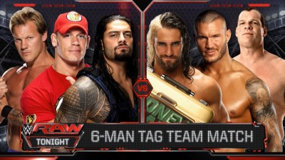 John Cena. Roman Reigns y Chris Jericho Vs Seth Rollins, Randy Orton y Kane - RAW 01/09/2014